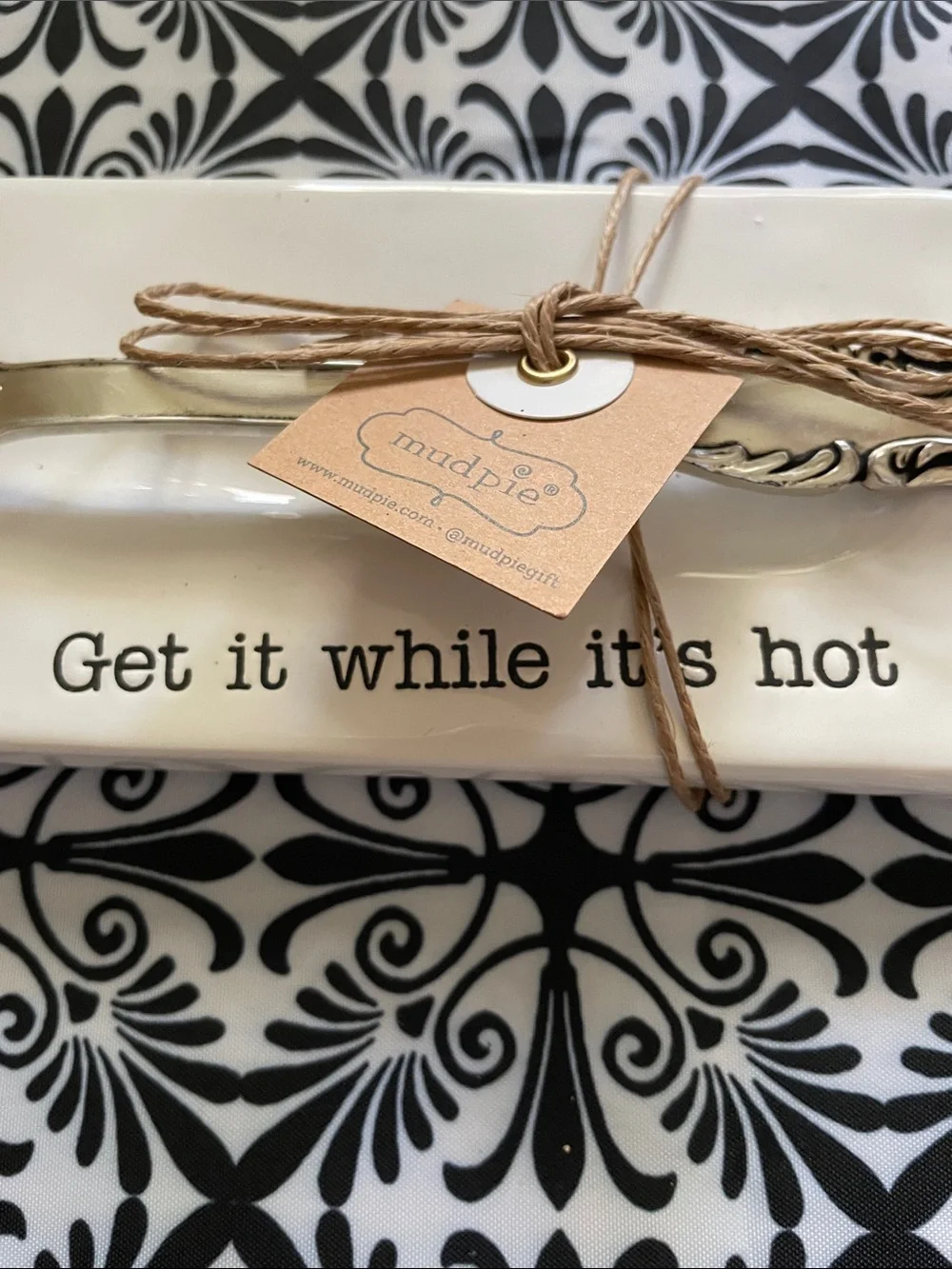 Mud Pie Silver-Tone Serving Spoon with White Ceramic Tray
